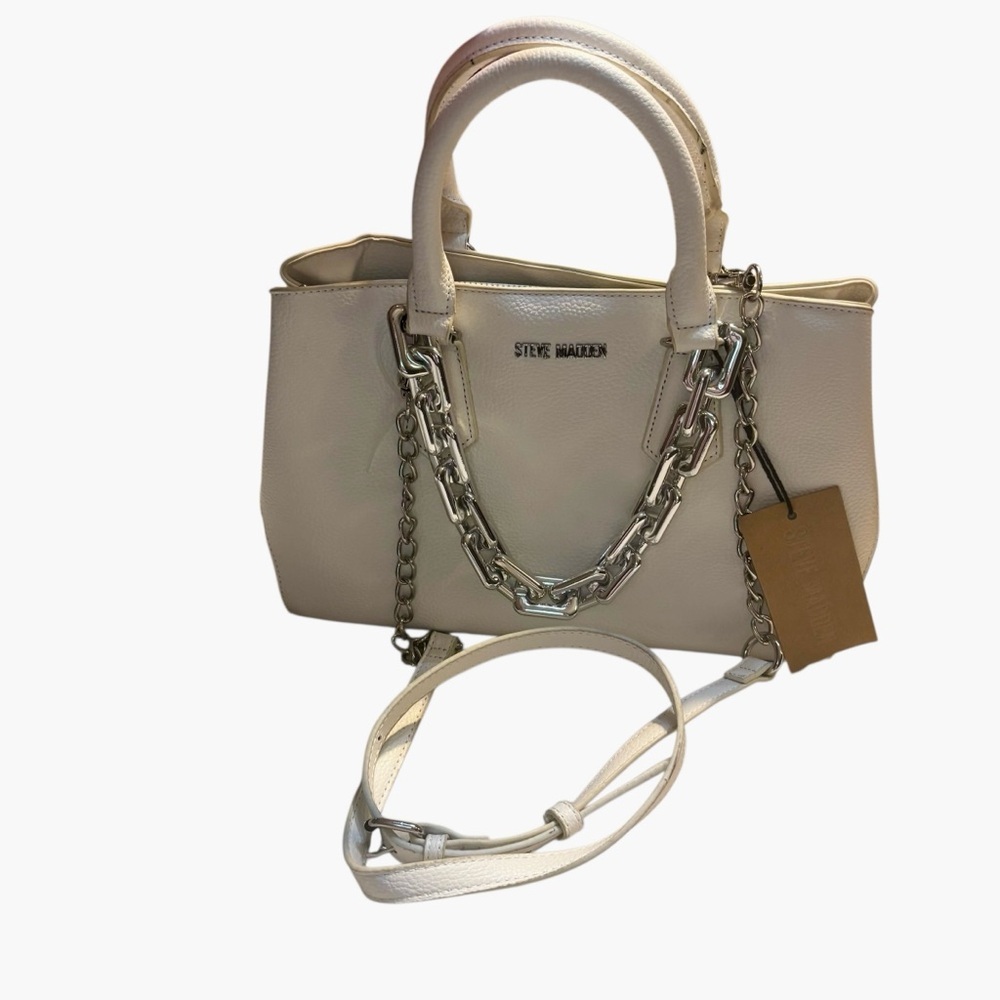 NWT Steve Madden Ivory Satchel/ Crossbody with Silver Chains Vegan Leather NEW